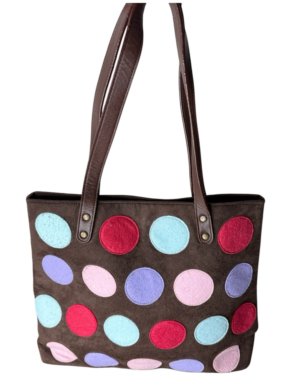 BODEN Brown Polka Dot Faux Suede Tote Bag Faux Felt Dots
